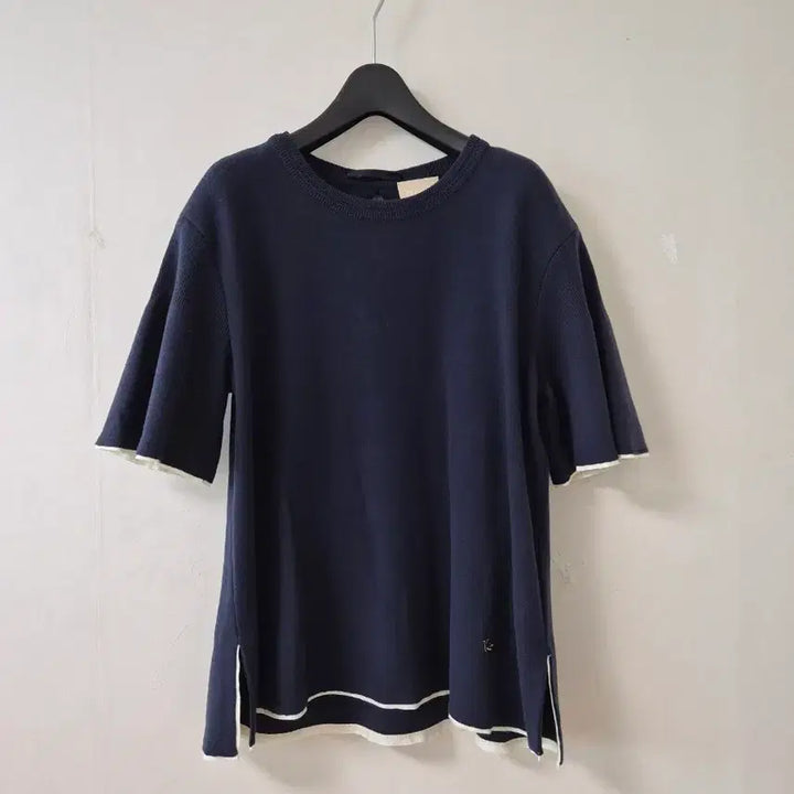 [BUNJANG]  a.t. corner Bird Short Sleeve Knit Navy White Trim / 한섬 버드 반팔 니트