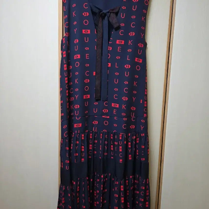 [BUNJANG] Lucky Chouette Navy &amp; Red Lettering Long Dress / 럭키슈에뜨 롱원피스 [36]