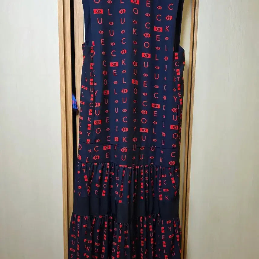 [BUNJANG] Lucky Chouette Navy &amp; Red Lettering Long Dress / 럭키슈에뜨 롱원피스 [36]