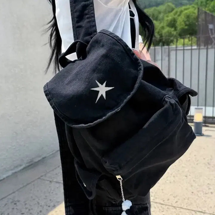 [BUNJANG] Star Embroidery Drawstring Backpack Bag Black / 원가 이하)별자수 백팩 콘서트 가방 블랙 복조리 여행