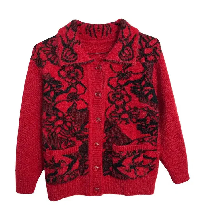 [BUNJANG] Vintage Red Flower Jacquard Cardigan / 빈티지 레드 플라워 자카드 가라 가디건 레트로 플로럴 포켓