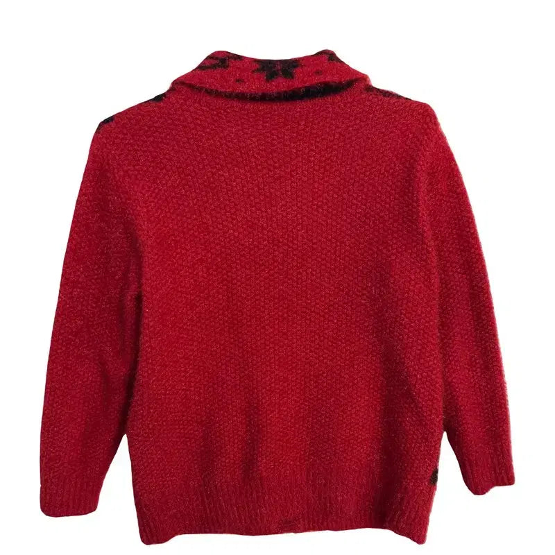 [BUNJANG] Vintage Red Flower Jacquard Cardigan / 빈티지 레드 플라워 자카드 가라 가디건 레트로 플로럴 포켓