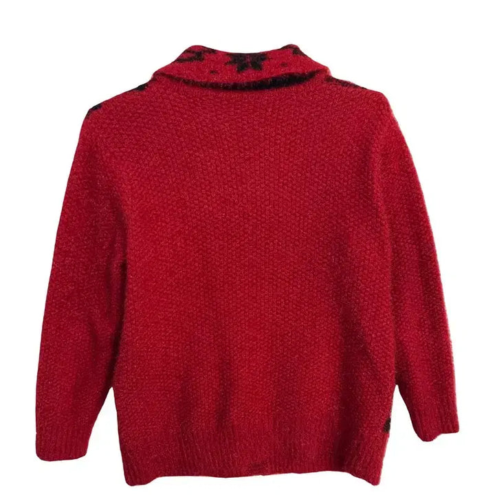 [BUNJANG] Vintage Red Flower Jacquard Cardigan / 빈티지 레드 플라워 자카드 가라 가디건 레트로 플로럴 포켓