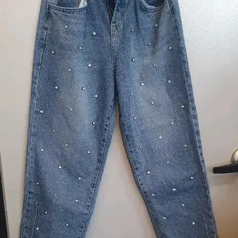 [BUNJANG] Denim Pants with Cubic String Waist Banding (Size S) / 청바지 큐빅 스트링 허리 밴딩 데님바지 S