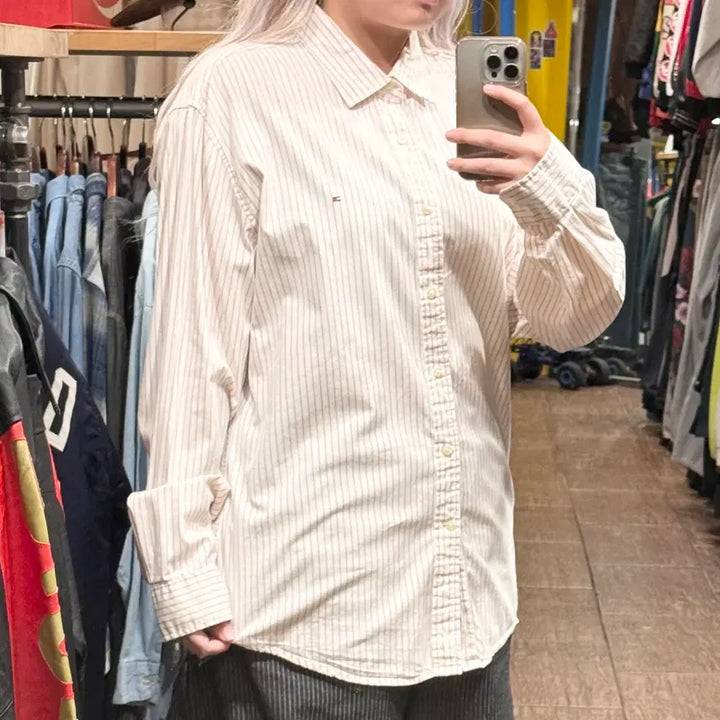 [BUNJANG] Tommy Hilfiger Striped Long Sleeve Shirt Pink White XL / [HI] 타미힐피거 긴팔 셔츠 스트라이프 핑크 화이트