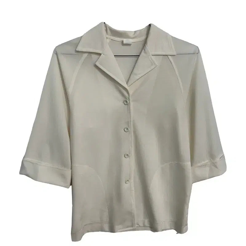 [BUNJANG] Modern Loose-Fit Natural Open Collar Half Sleeve Blouse / 모던 루즈핏 내추럴 오픈 카라 하프 반팔 셔츠 블라우스 [L]
