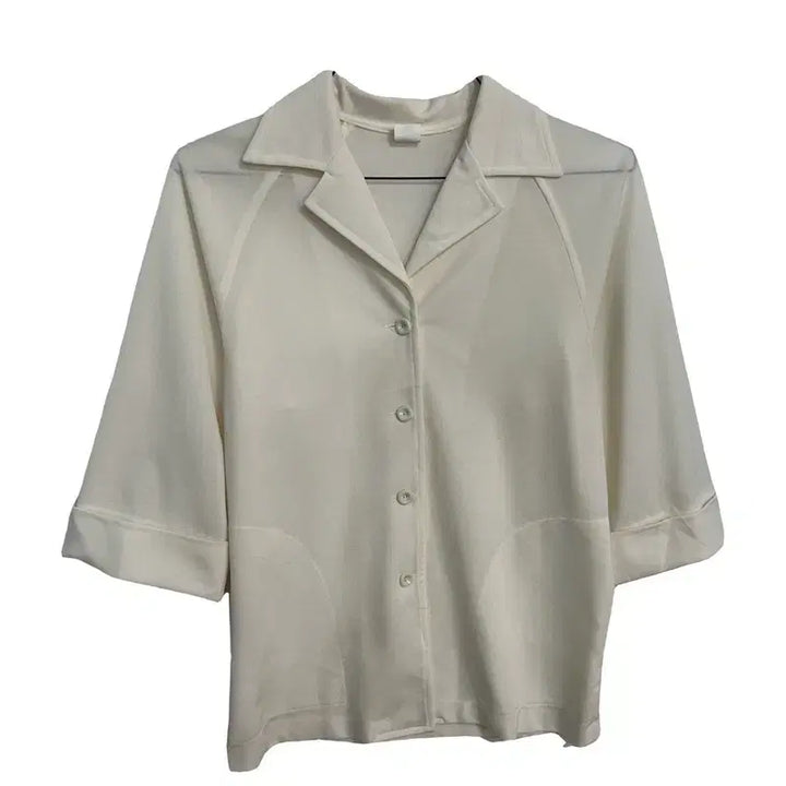 [BUNJANG] Modern Loose-Fit Natural Open Collar Half Sleeve Blouse / 모던 루즈핏 내추럴 오픈 카라 하프 반팔 셔츠 블라우스 [L]