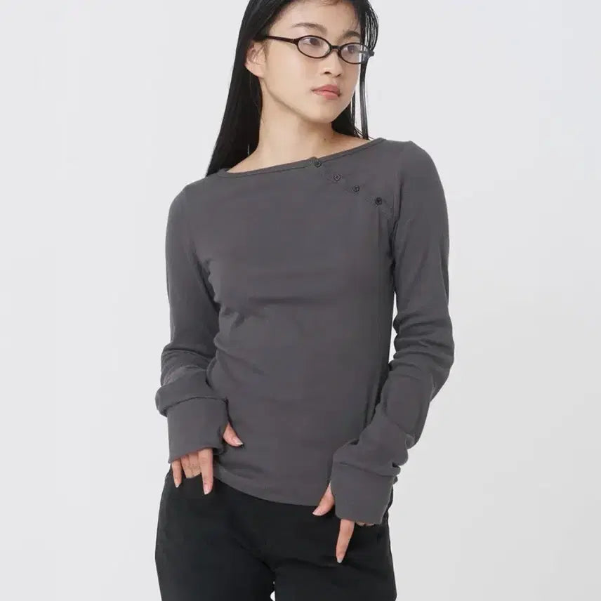 [BUNJANG] Miseki Seoul Slash Button Long Sleeves Charcoal / 미세키서울 Slash button long sleeves CHARCOAL