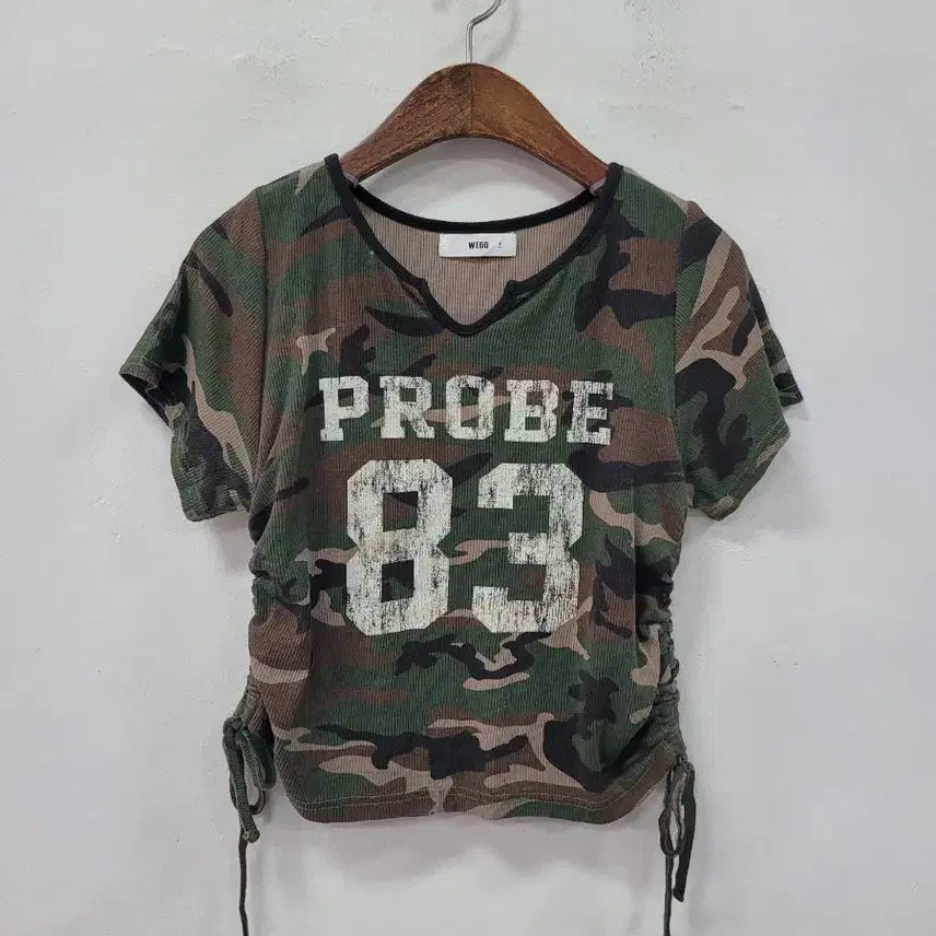 [BUNJANG] Wego Camouflage Shirring Crop T-Shirt / 위고 카모플라쥬 셔링 크롭 티셔츠