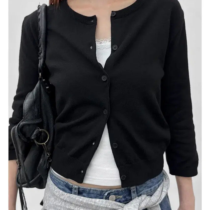 [BUNJANG] Black Up Soft Round 7/10 Sleeve Knit Cardigan (Melange Gray) / [새상품] 블랙업 부드리 라운드 7부 니트 가디건 (멜란지그레이)