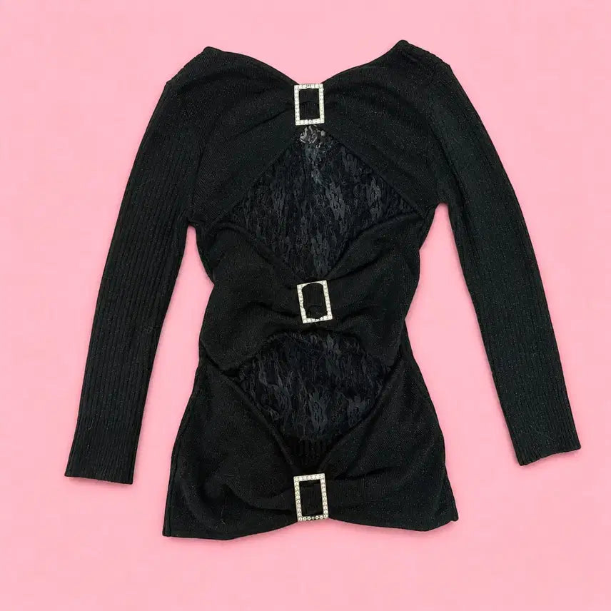[BUNJANG] MAZZ Black Gold Cubic See-Through Onegyaru Gal Knit Top / 마즈 블랙 금장 큐빅 시스루 오네갸루 갸루 니트탑