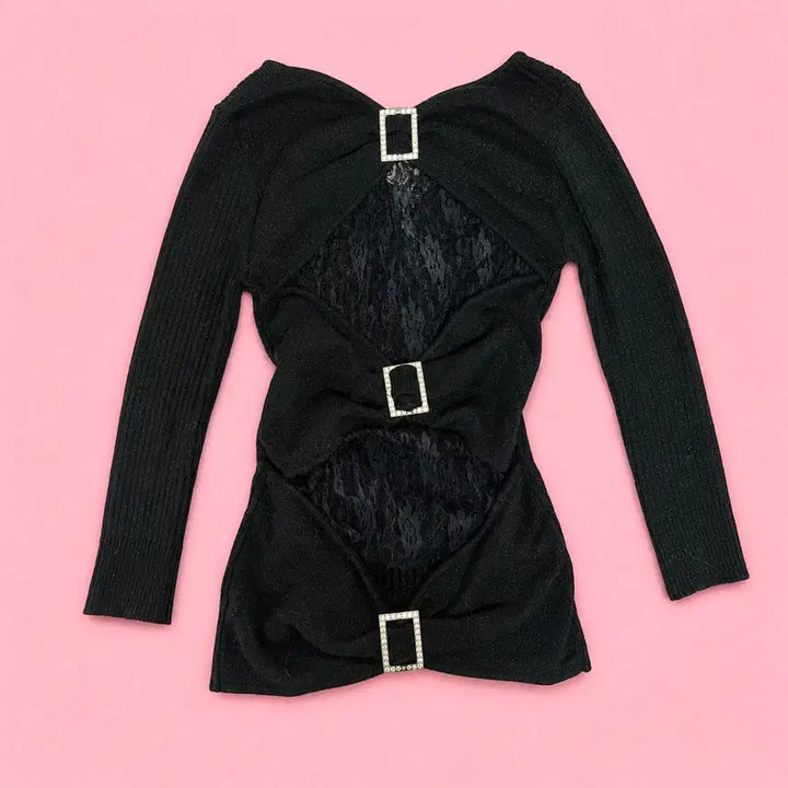 [BUNJANG] MAZZ Black Gold Cubic See-Through Onegyaru Gal Knit Top / 마즈 블랙 금장 큐빅 시스루 오네갸루 갸루 니트탑