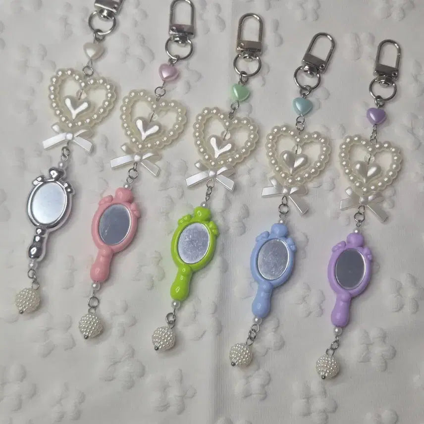 [BUNJANG] Pearl Heart Pastel Mirror Beaded Keychain / 공주거울키링 비즈키링