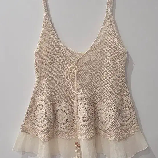 [BUNJANG] Crochet Tassel Chiffon Cami Top - Beige / 크로셰 태슬 쉬폰 끈나시 베이지