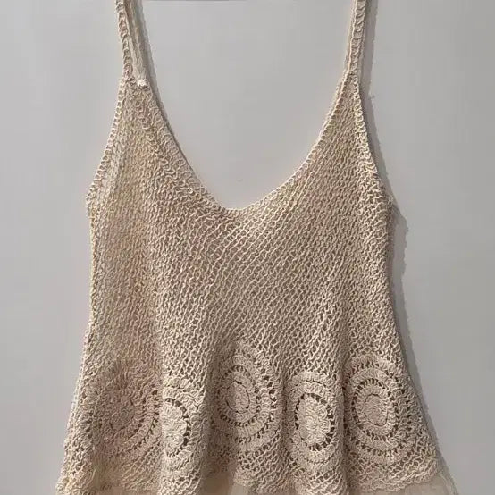 [BUNJANG] Crochet Tassel Chiffon Cami Top - Beige / 크로셰 태슬 쉬폰 끈나시 베이지