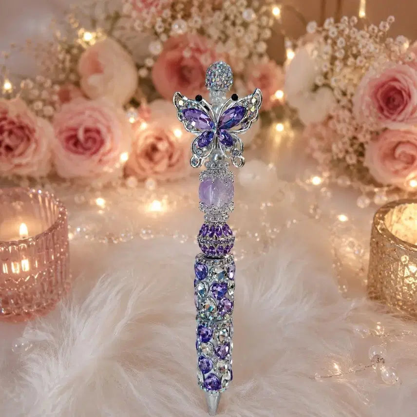 [BUNJANG] Handmade Ballpoint Pen with Butterfly and Purple Gemstone Decoration / 나비볼꾸볼펜핸드메이드