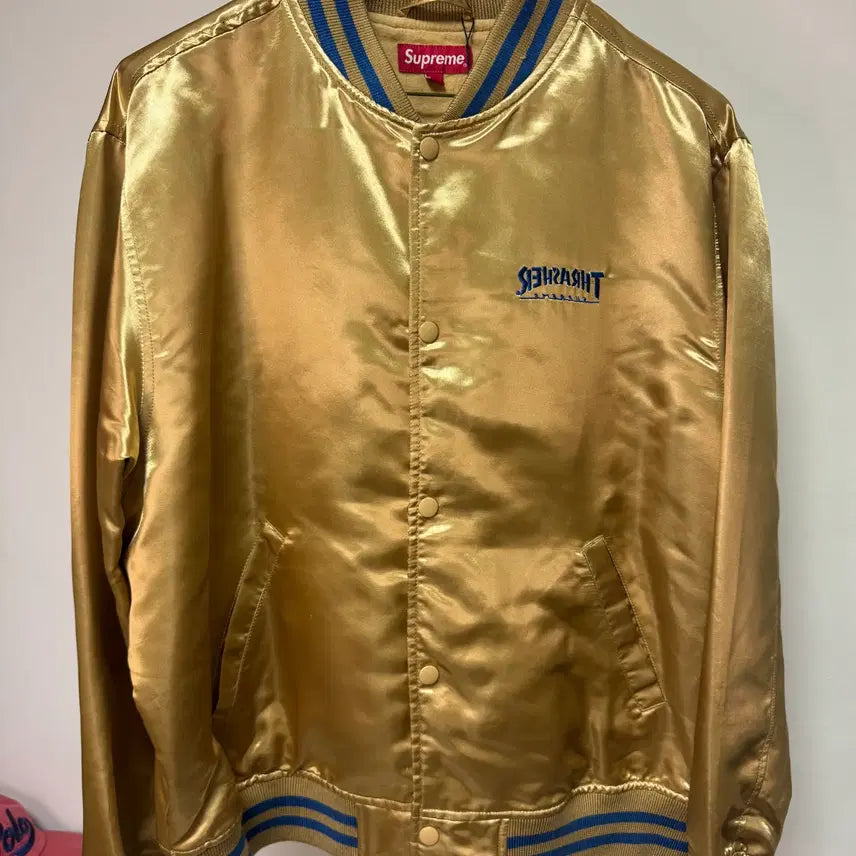 [BUNJANG] Supreme x Thrasher Satin Varsity Jacket Gold / 슈프림 x 트래셔 새틴 바시티 자켓 골드 L