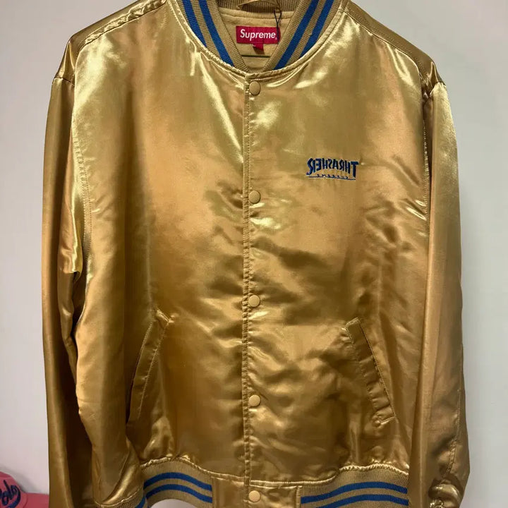 [BUNJANG] Supreme x Thrasher Satin Varsity Jacket Gold / 슈프림 x 트래셔 새틴 바시티 자켓 골드 L