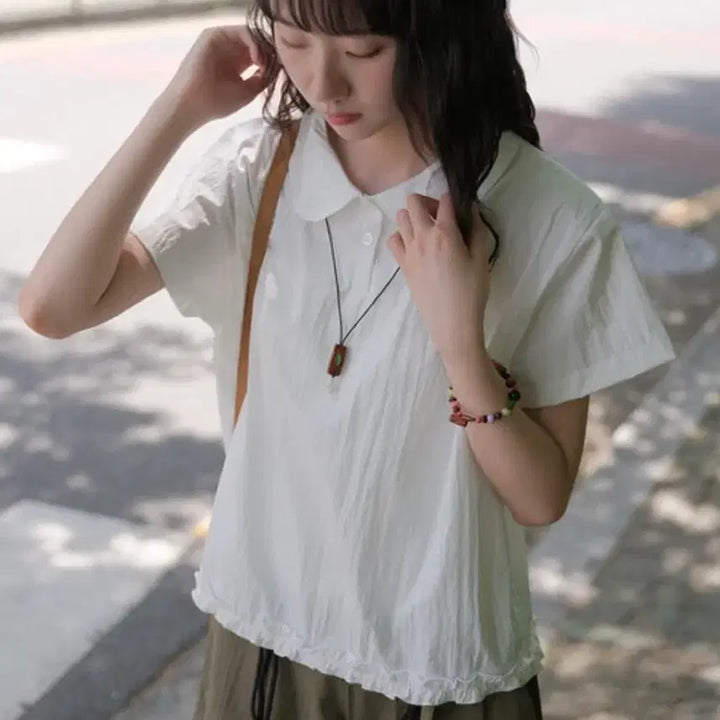 [BUNJANG] Tilde Seoul Eiffel Frill Short Sleeve Blouse (Black/White) / 틸데서울 에펠 프릴 반팔 블라우스 블랙 화이트 일괄