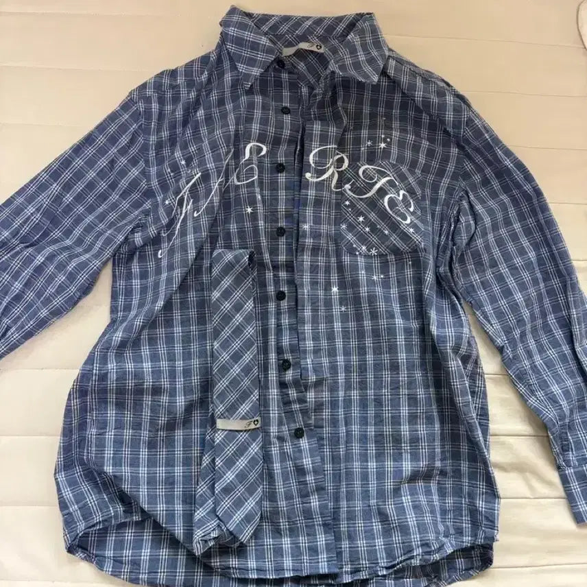 [BUNJANG] Shop Fairy Blue Check Academy Shirt &amp; Tie Set / 샵페어리 블루 체크 아카테미 셔츠 넥타이