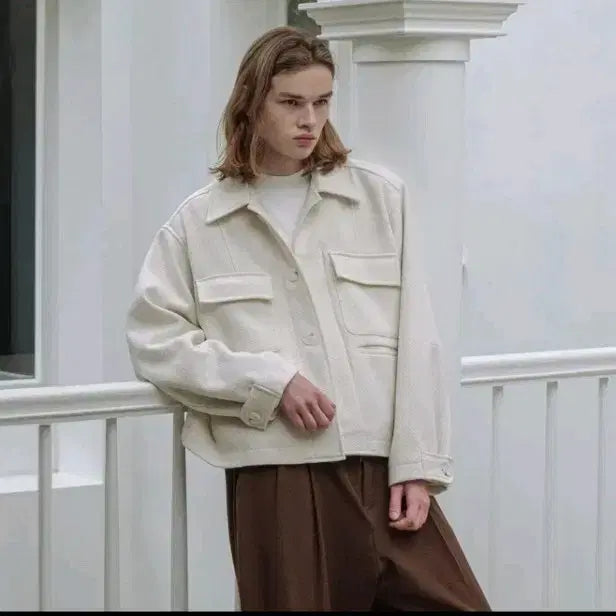 [BUNJANG] Decoroso Textured Double Pocket Blouson Jacket (Ivory, Size 2) / 데코로소 텍스처드 더블 포켓 블루종 자켓 (아이보리, 2 사이즈)