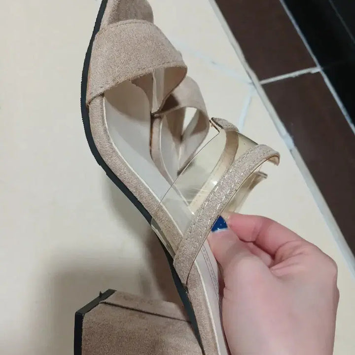 [BUNJANG] Suede Transparent Strap Platform Sandals Beige 245 / 스웨이드 투명 스트랩 샌들 베이지 245