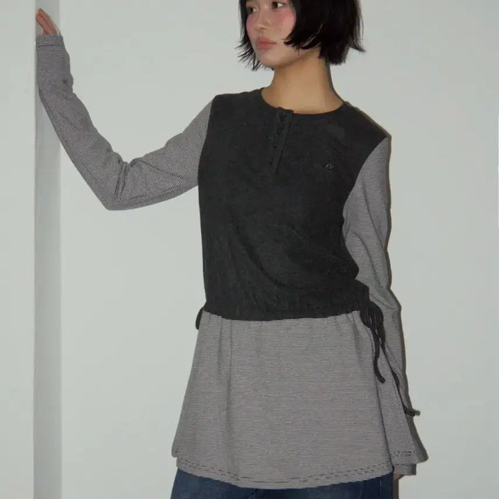 [BUNJANG] Someplace Two-Tone Shirring Layered Raglan Sleeveless Long Dress [Black] / 썸플레이스 투톤 배색 셔링 레이어드 나그랑 롱 슬리브리스 원피스 [블랙]