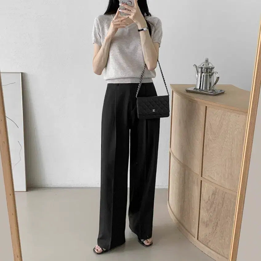 [BUNJANG] Yurataim Summer High-Waist Pinstripe Wide Slacks (Up to Size 66) / (새상품)유라타임 썸머 찰랑 하이웨스트 핀턱 와이드 슬랙스(~66사이즈)
