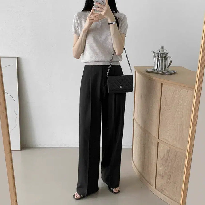 [BUNJANG] Yurataim Summer High-Waist Pinstripe Wide Slacks (Up to Size 66) / (새상품)유라타임 썸머 찰랑 하이웨스트 핀턱 와이드 슬랙스(~66사이즈)