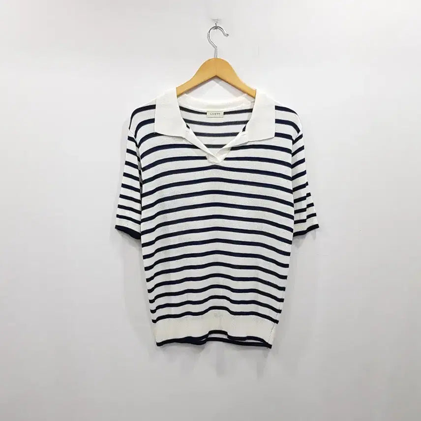 [BUNJANG] Rueet Stripe Pattern Linen Blend Knit Short Sleeve Polo T-Shirt Women&