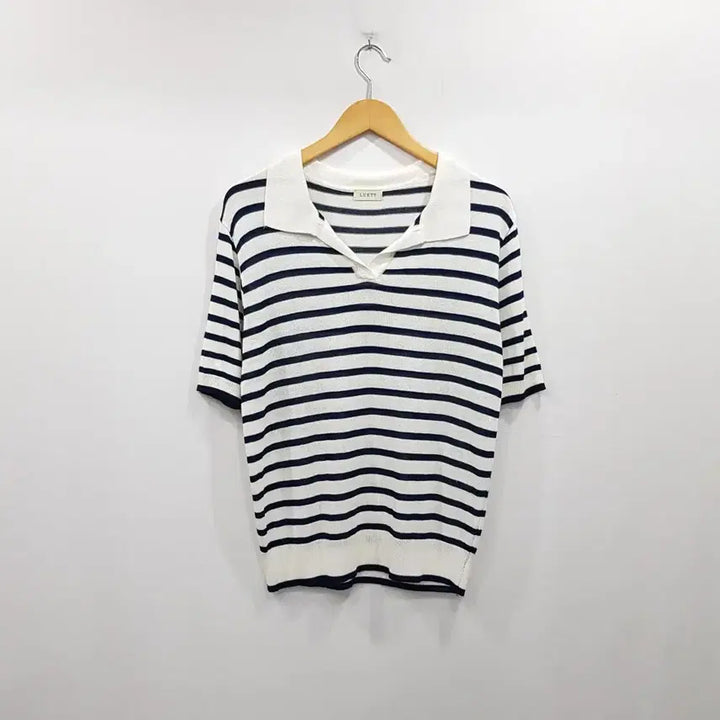 [BUNJANG] Rueet Stripe Pattern Linen Blend Knit Short Sleeve Polo T-Shirt Women&