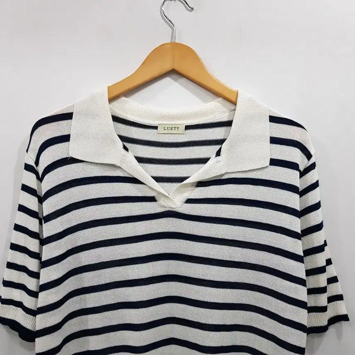 [BUNJANG] Rueet Stripe Pattern Linen Blend Knit Short Sleeve Polo T-Shirt Women&