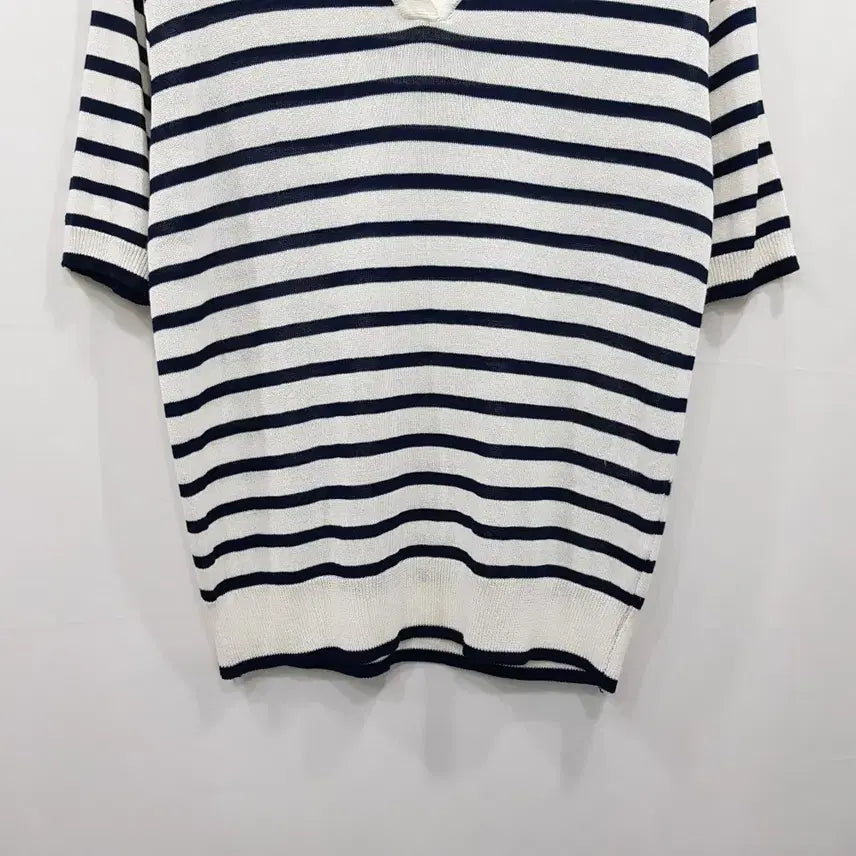 [BUNJANG] Rueet Stripe Pattern Linen Blend Knit Short Sleeve Polo T-Shirt Women&
