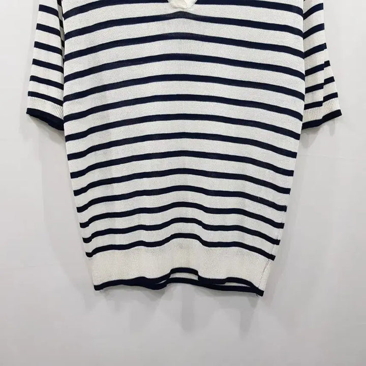 [BUNJANG] Rueet Stripe Pattern Linen Blend Knit Short Sleeve Polo T-Shirt Women&