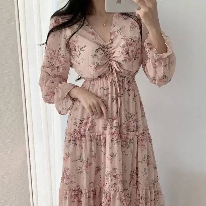 [BUNJANG] YUMERA Shirring Chiffon Long Dress Pink / 유메라 셔링 쉬폰 롱 원피스 핑크
