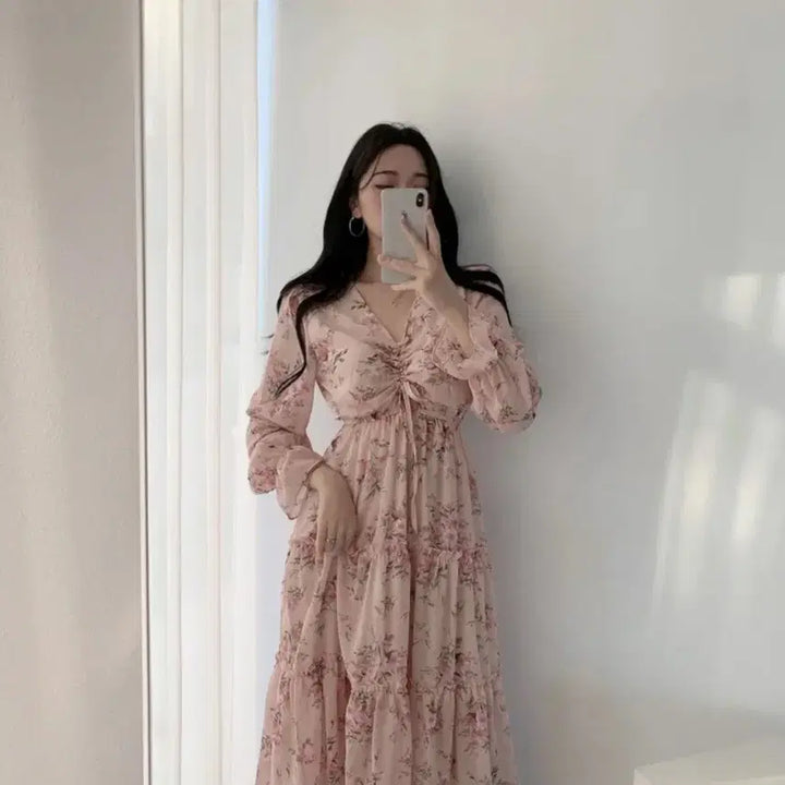 [BUNJANG] YUMERA Shirring Chiffon Long Dress Pink / 유메라 셔링 쉬폰 롱 원피스 핑크