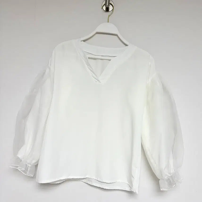 [BUNJANG] White Puff Sleeve Organza Blouse / 화이트 퍼프 소매 블라우스