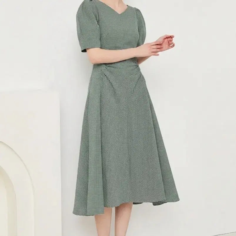 [BUNJANG] JIGOTT Green Check Shirring Pocket Midi Dress / (55)JIGOTT 지고트 2023년 셔링 포켓 그린 체크 원피스