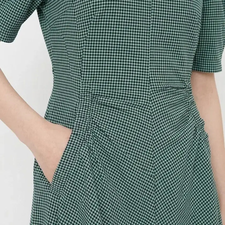 [BUNJANG] JIGOTT Green Check Shirring Pocket Midi Dress / (55)JIGOTT 지고트 2023년 셔링 포켓 그린 체크 원피스