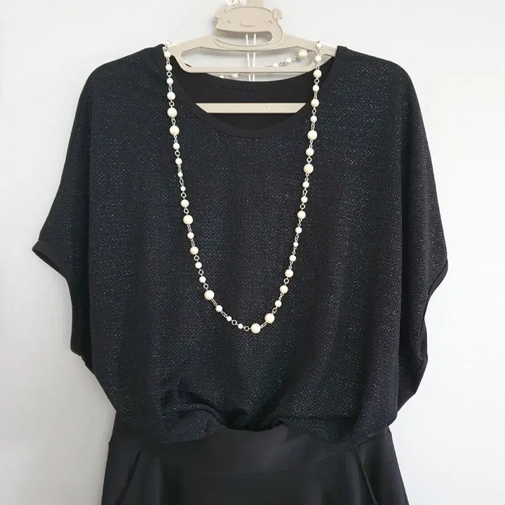 [BUNJANG] Black Pearl Chiffon Batwing Blouse &amp; Satin Flare Skirt Set / 블랙 펄 쉬폰 가오리핏 블라우스 티셔츠 &amp; 새틴 스타일 플레서 스커트