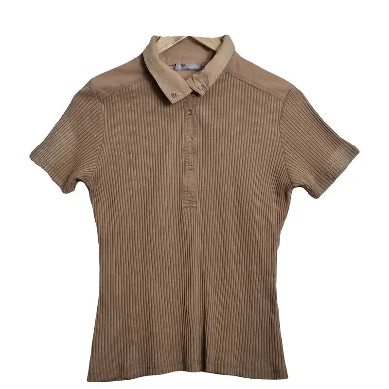 [BUNJANG] ASSOCIER Brown Ribbed Short Sleeve Polo Shirt [L] / ASSOCIER 브라운 골지 반팔 카라티 [L] 카멜 슬림핏 여성