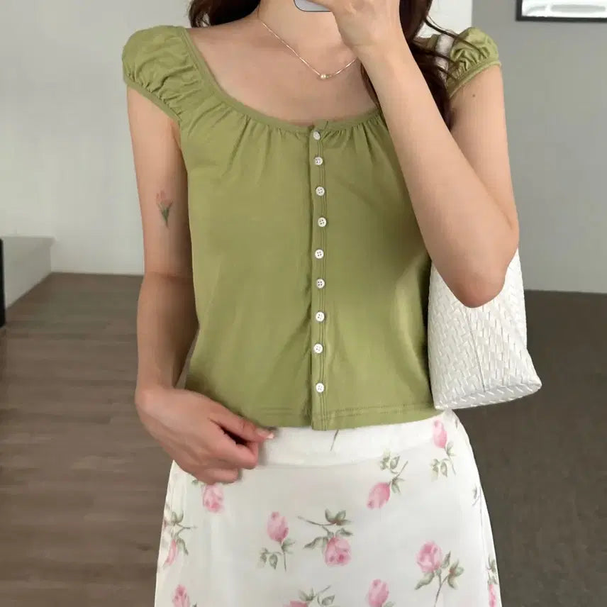 [BUNJANG] Olive Sleeveless Blouse T-shirt / 올리브 나시 반팔 블라우스 티