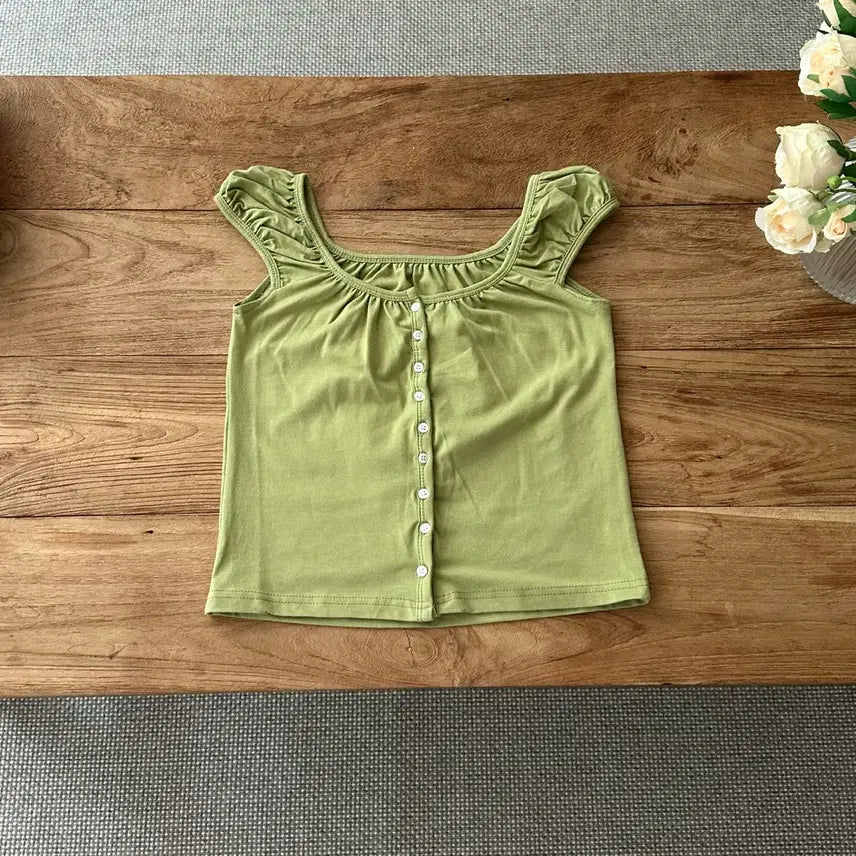 [BUNJANG] Olive Sleeveless Blouse T-shirt / 올리브 나시 반팔 블라우스 티