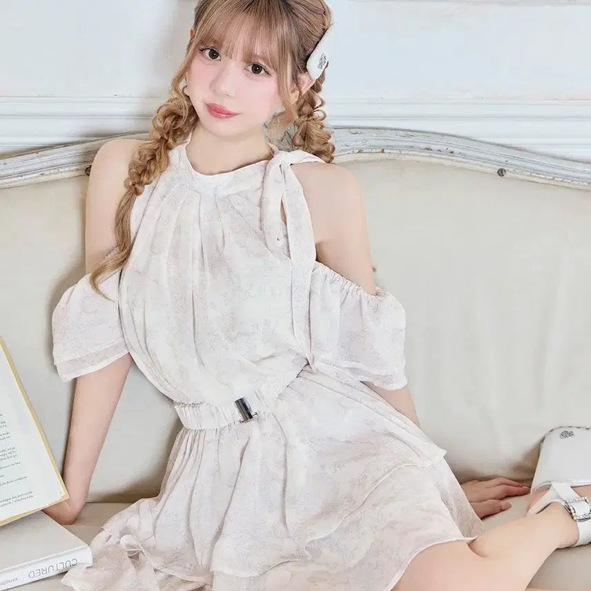 [BUNJANG] Michelle Macaron Tiered Dress with Belt Set / 미셸마카롱 벨트 세트 아메리칸 소매 티어드 원피스