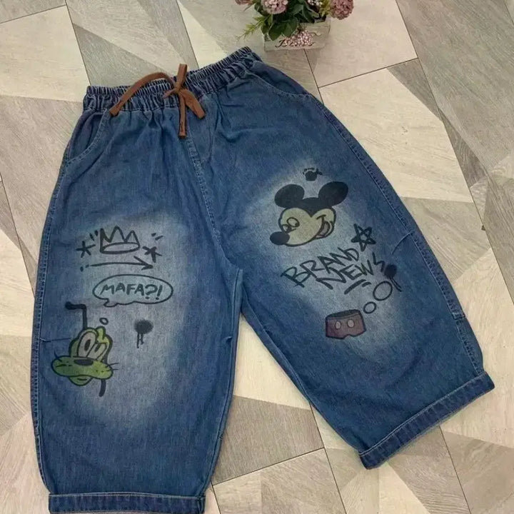 [BUNJANG] Disney Mickey Mouse 7-Length Relaxed Fit Denim Shorts / 새상품] 디즈니 미키마우스 밴딩 청반바지 7부 배기팬츠