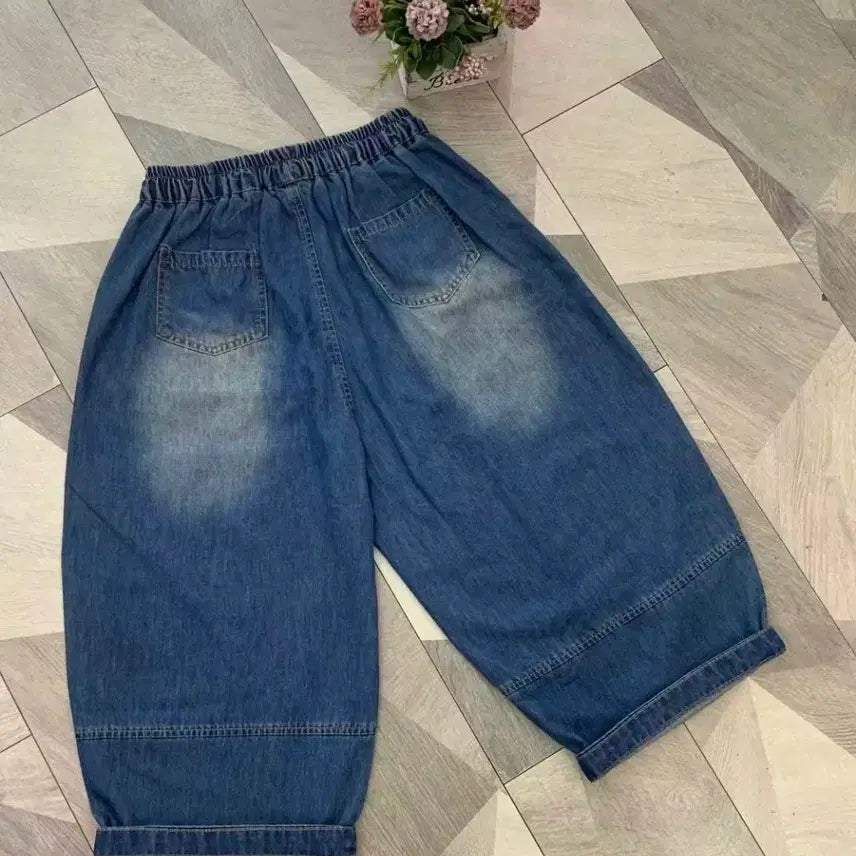 [BUNJANG] Disney Mickey Mouse 7-Length Relaxed Fit Denim Shorts / 새상품] 디즈니 미키마우스 밴딩 청반바지 7부 배기팬츠