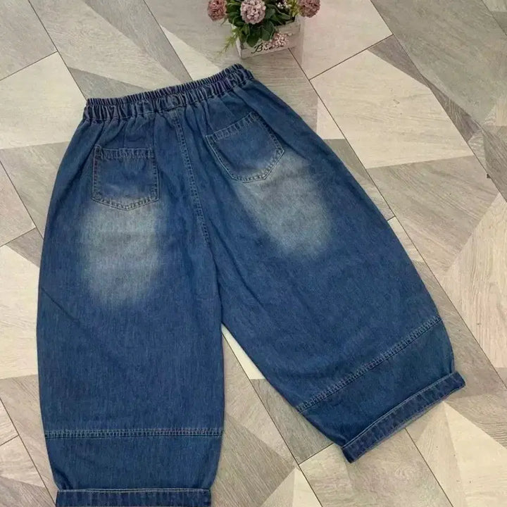 [BUNJANG] Disney Mickey Mouse 7-Length Relaxed Fit Denim Shorts / 새상품] 디즈니 미키마우스 밴딩 청반바지 7부 배기팬츠