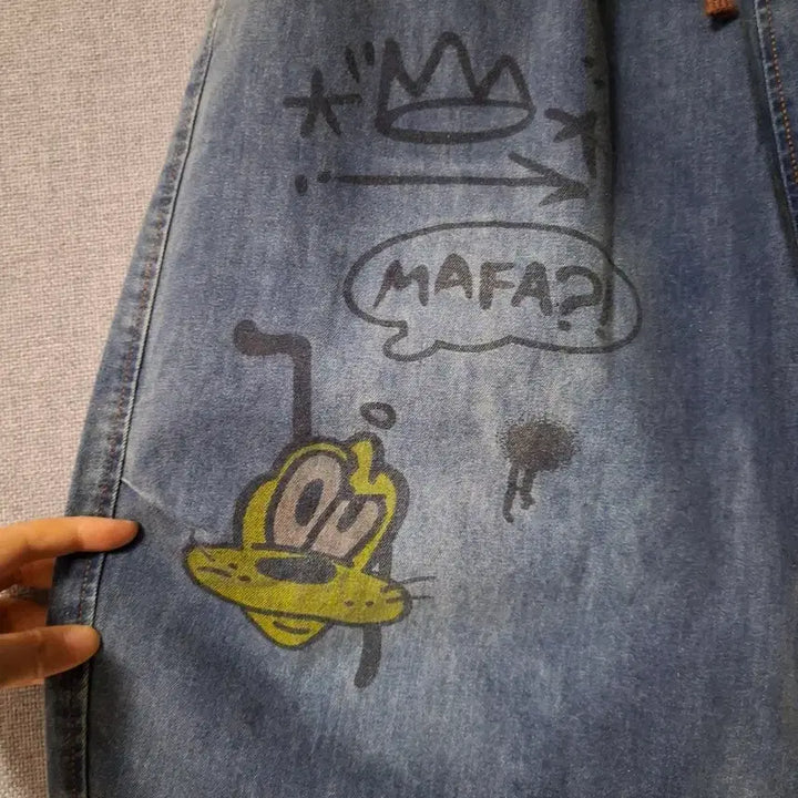 [BUNJANG] Disney Mickey Mouse 7-Length Relaxed Fit Denim Shorts / 새상품] 디즈니 미키마우스 밴딩 청반바지 7부 배기팬츠