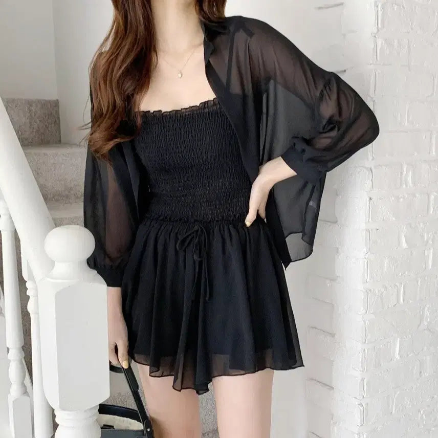 [BUNJANG] Sheer Black Tank Top and Shorts 3-Piece Set / [새상품] 시스루 블랙 나시 셔츠 반바지 3종 세트