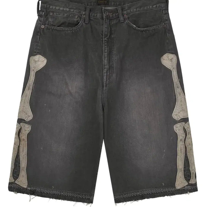 [BUNJANG] Kapital 14oz Denim 5P Bone Embroidery Shorts Black / 34) 캐피탈 14온즈 데님 5P 본 자수 숏 팬츠 블랙